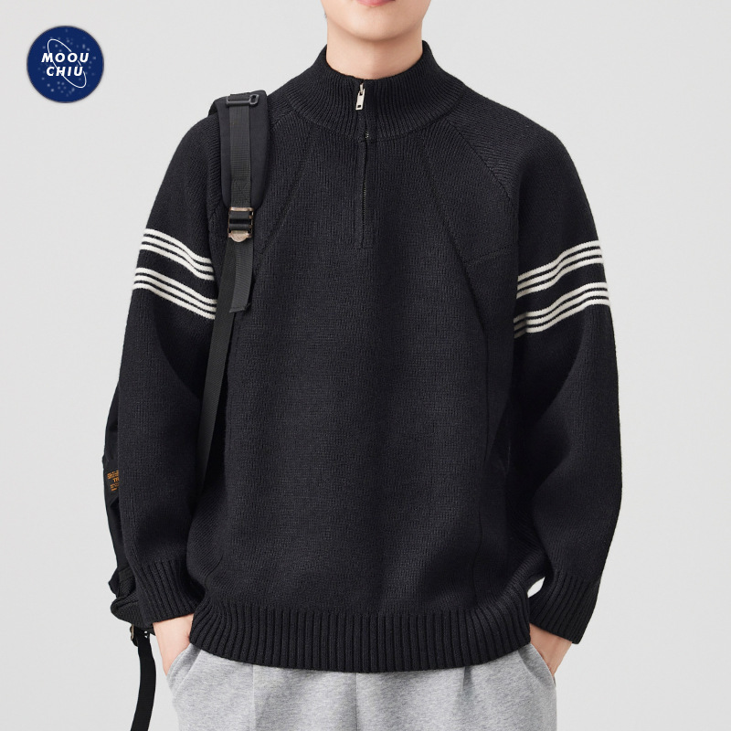 沐丘男装∣2025秋冬新款半高领拉链拼色条纹毛衣男潮牌宽松针织衫