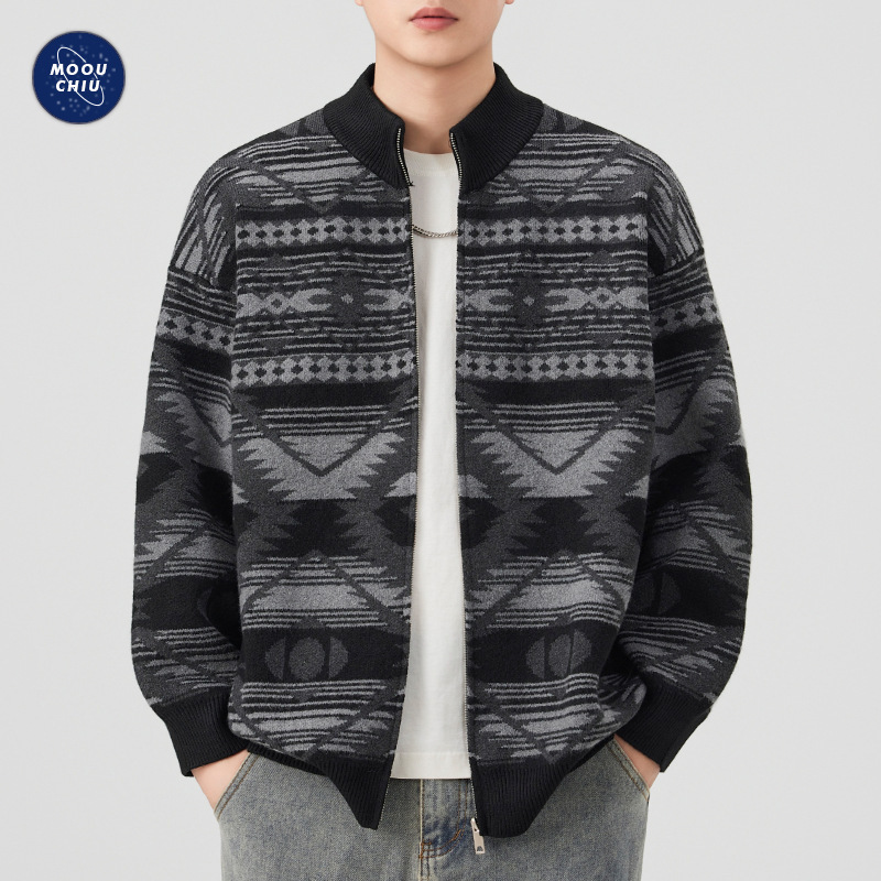 沐丘男装∣费尔岛半高领拉链开衫毛衣男宽松痞帅休闲外套针织上衣