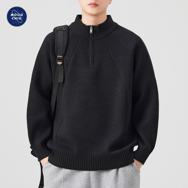 沐丘男装∣半高领拉链毛衣男士宽松解构套头打底设计感休闲针织衫