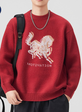 沐丘男装∣设计感红色骏马印花针织衫男女慵懒风休闲情侣休闲毛衣