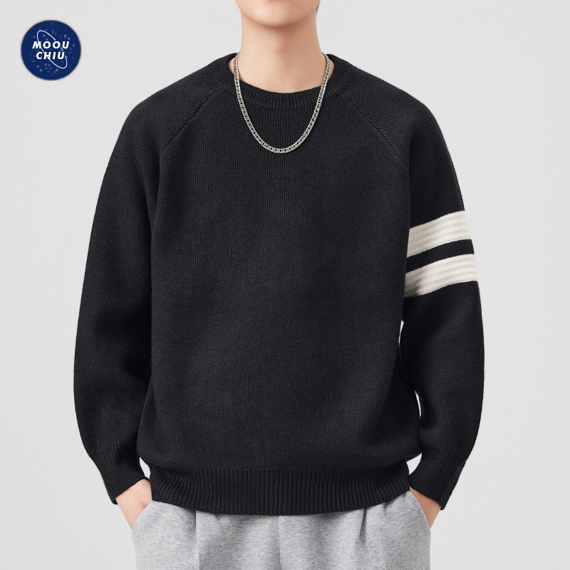 沐丘男装∣美式潮牌撞色条纹毛衣男女宽松慵懒风保暖线衣针织毛衫