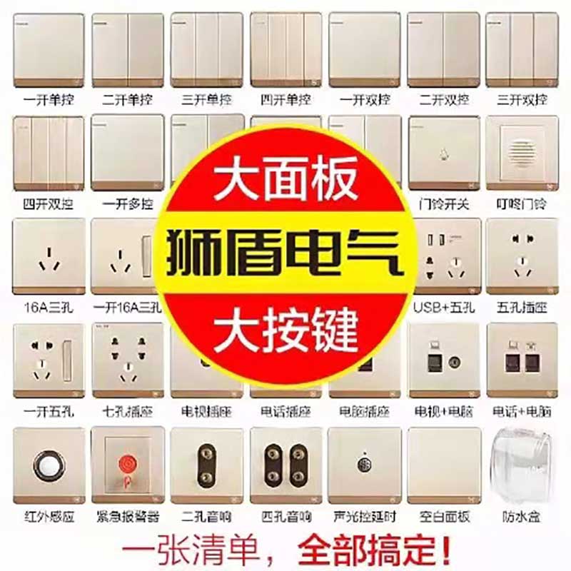 狮盾开关插座Q7香槟金色家用正品暗装一二三四开五孔网空调网套餐