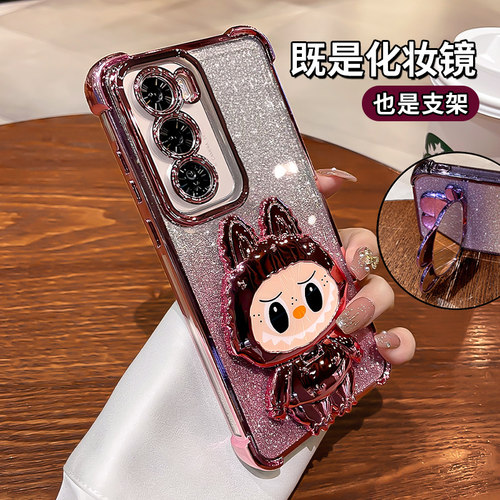 拉布布镜子带支架适用opporeno15手机壳reno12镜头全包reno14pro闪粉防摔气囊91011高级硅胶套可爱女0pp0外壳