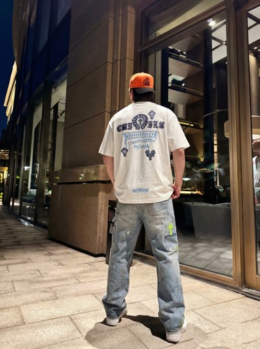 美式高街牛仔蓝做旧马蹄十字T恤男夏季重磅纯棉宽松短袖 CH266002