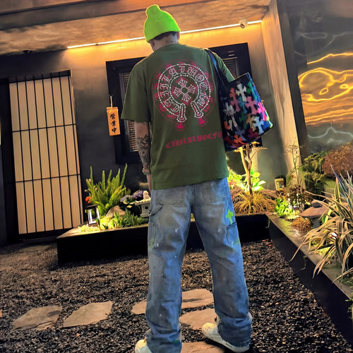 夏季高街军绿黑蓝十字珍珠T恤男 重磅纯棉oversize百搭CH266064