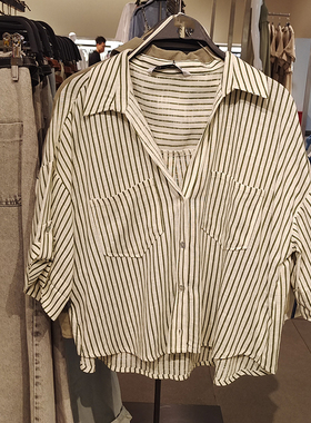 ZA2024夏季新款女装休闲百搭亚麻混纺短袖条纹衬衫2186753 069