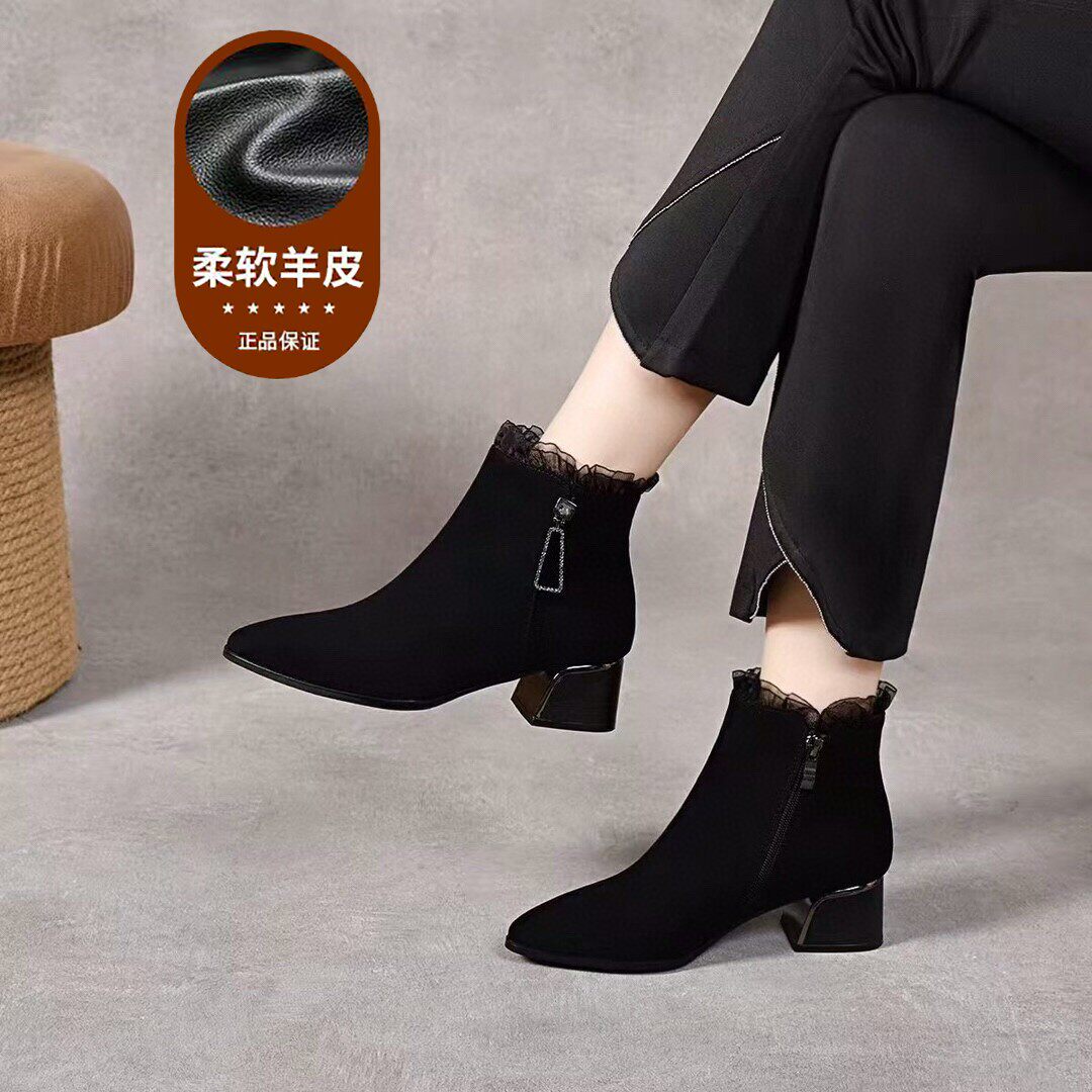 2026新款真皮尖头粗跟加绒短靴