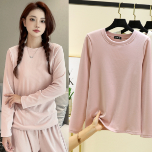 内搭T恤大码 秋冬德绒加绒加厚打底衫 圆领保暖罗纹上衣女秋衣长袖