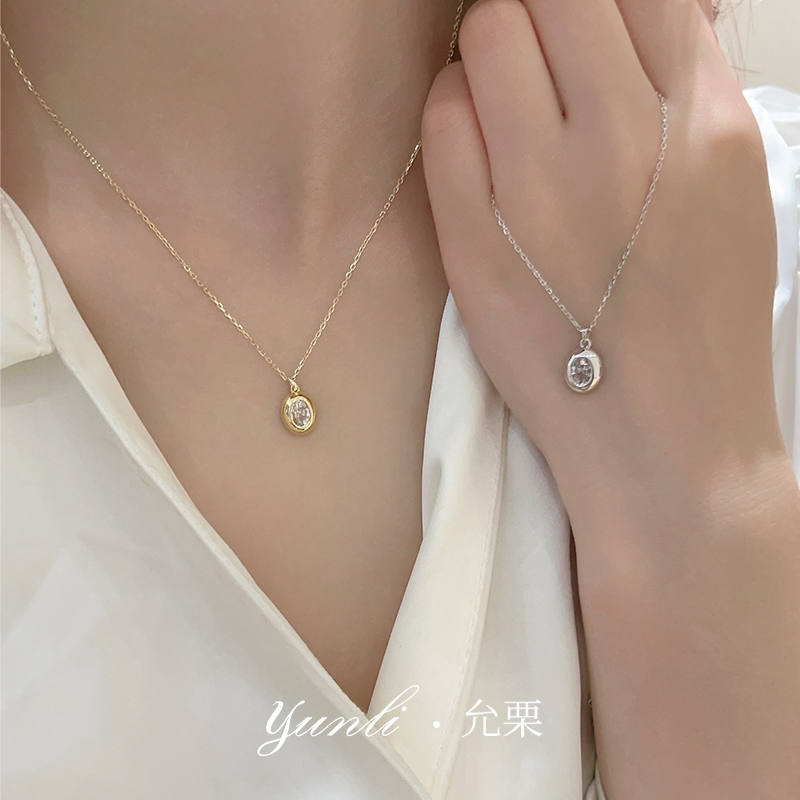 椭圆纯银镶钻项链女小香风高级感