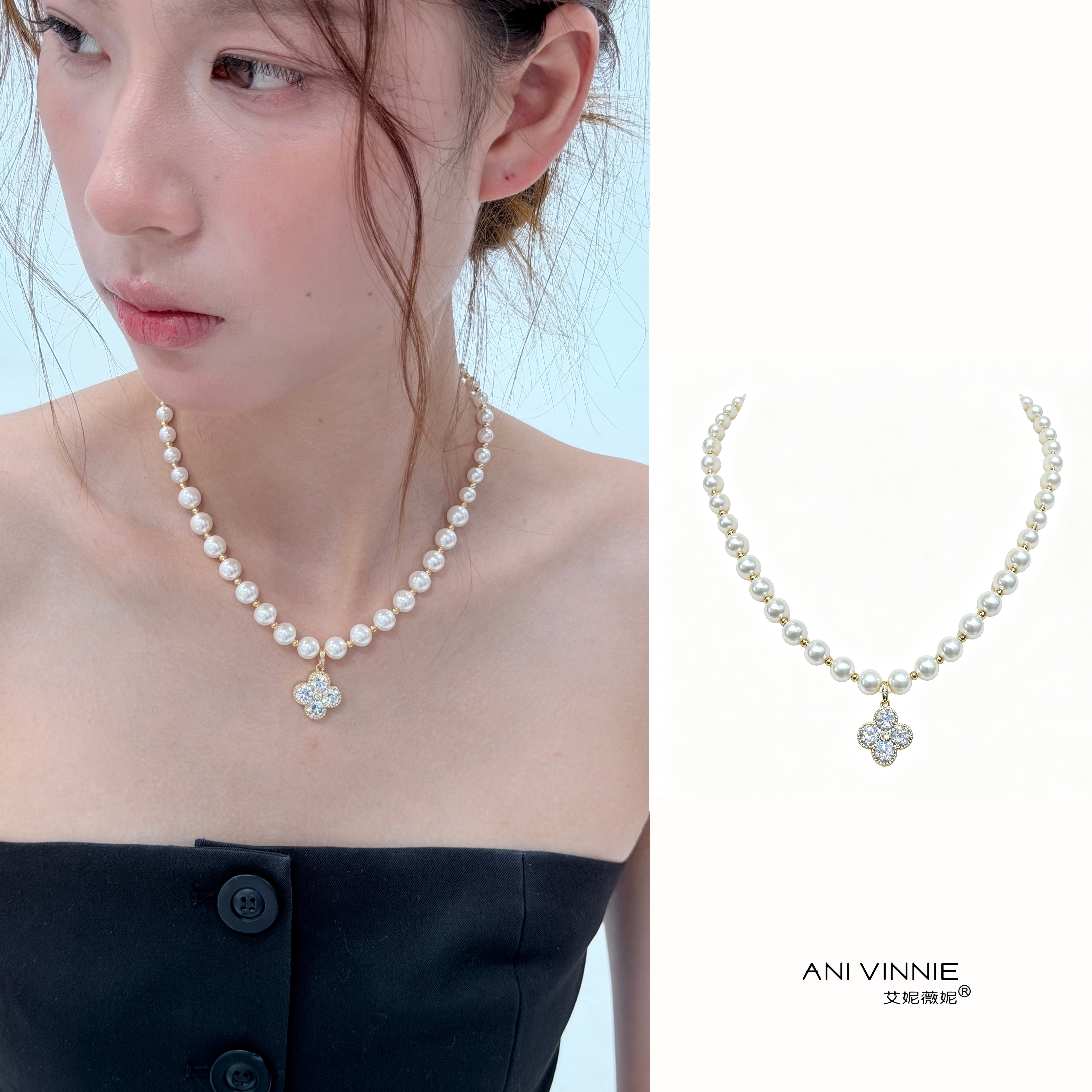 法式复古金色四叶草珍珠项链女