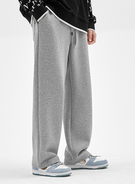 运动裤男生春秋季阔腿宽松大码灰色卫裤加绒垂感纯棉直筒休闲裤子