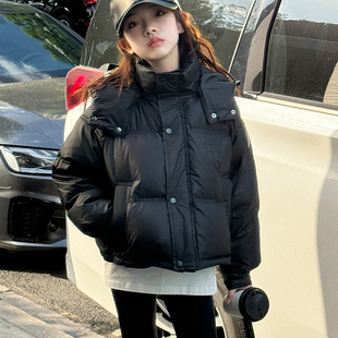 女童短款羽绒服冬季韩版连帽保暖白鸭绒洋气中大童黑色面包服外套