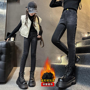 女童加绒裤子秋冬款2025新款洋气一体绒铅笔裤弹力修身小脚牛仔裤