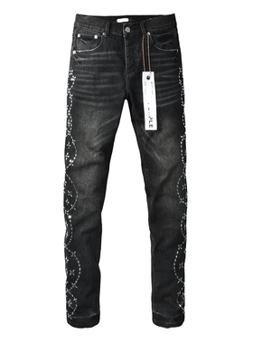PUR JEANS 美式潮牌新款深灰色水洗做旧烫钻牛仔裤男修身小脚裤子