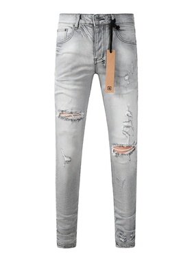 KSU JEANS 美式潮牌新款浅灰色渐变磨白做旧刀割破洞小脚牛仔裤男