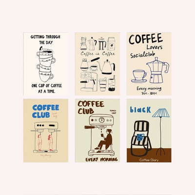 Coffee Diary手绘咖啡插画海报套装咖啡厅装饰拍照自粘装饰海报