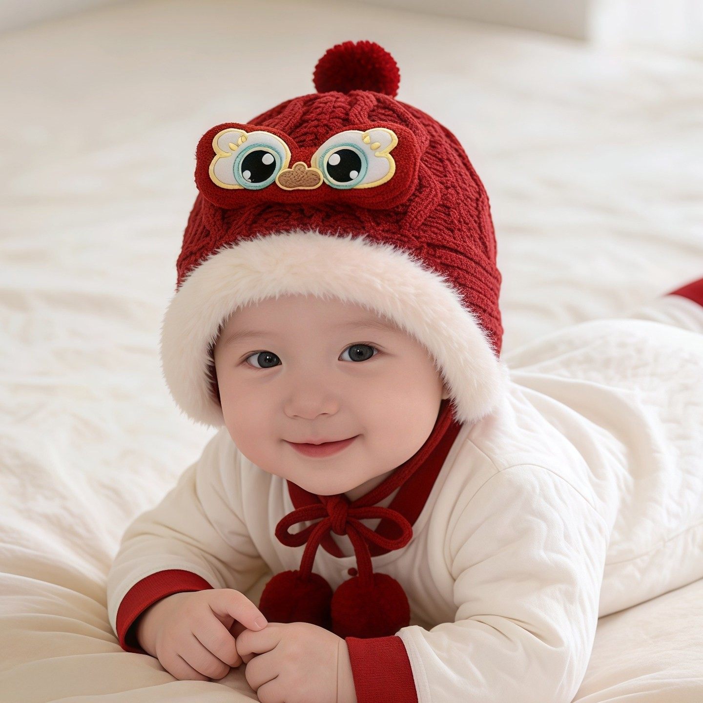 婴儿红色新年帽子冬季保暖加厚护耳毛线帽男女宝宝喜庆虎头毛绒帽,童装/婴儿装/亲子装,帽子,淘宝优惠券,粉丝福利购,淘宝优惠卷
