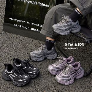 防滑软底男女童运动鞋 加绒儿童复古潮流轻便老爹鞋 新款 2025年冬季