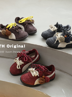 2025冬新款加绒时尚儿童复古红色德训鞋男女孩休闲软底运动阿甘鞋