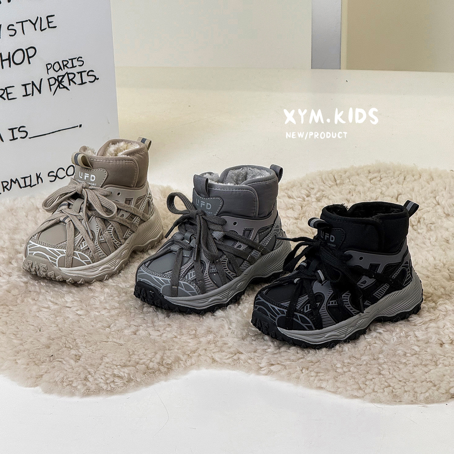 2025冬新款儿童时尚潮流绑带大棉运动鞋加绒加厚男女童户外雪地靴