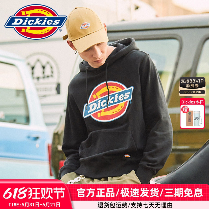 Dickies印花加绒连帽卫衣男士秋冬新品潮牌宽松上衣女帽衫9473a