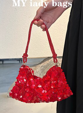 辣妹高级感春夏新款红色亮片包韩版质感珠片宴会手腕包闪闪手提包
