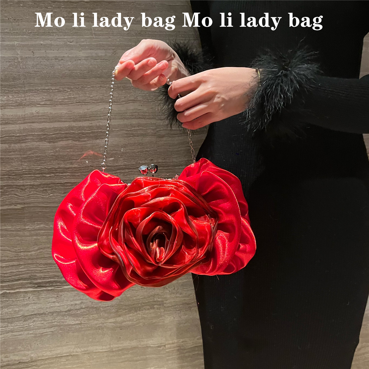 名媛玫瑰花结婚女新娘高级感丝绸红色晚宴礼服旗袍手提斜背女包包