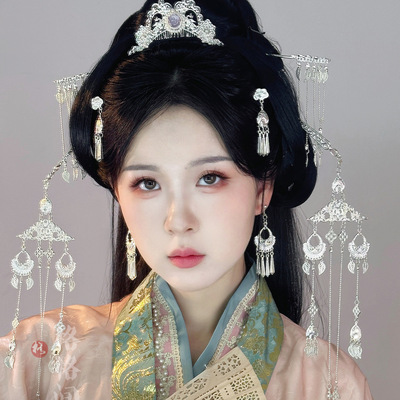 格格间原创【小乔】银色曲裾战国袍苗疆汉服发饰发冠发饰套装