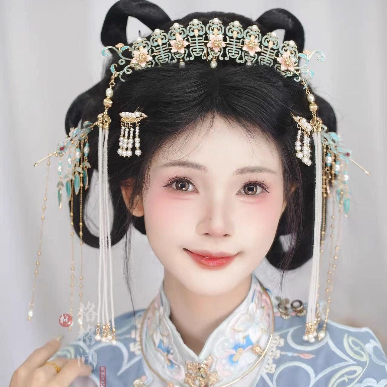 格格间原创【明轩】明制粉色烧蓝发冠米珠流苏汉服配饰发簪额饰