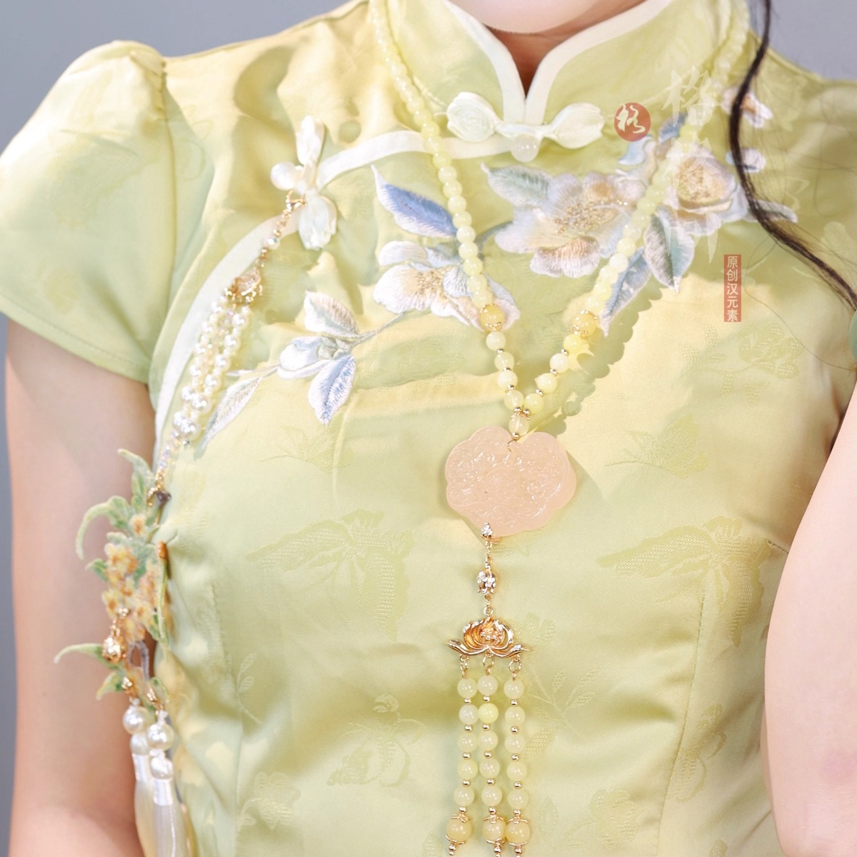 格格间原创【月饼儿】粉色晚明风玉锁项链珍珠软璎珞新中式旗袍