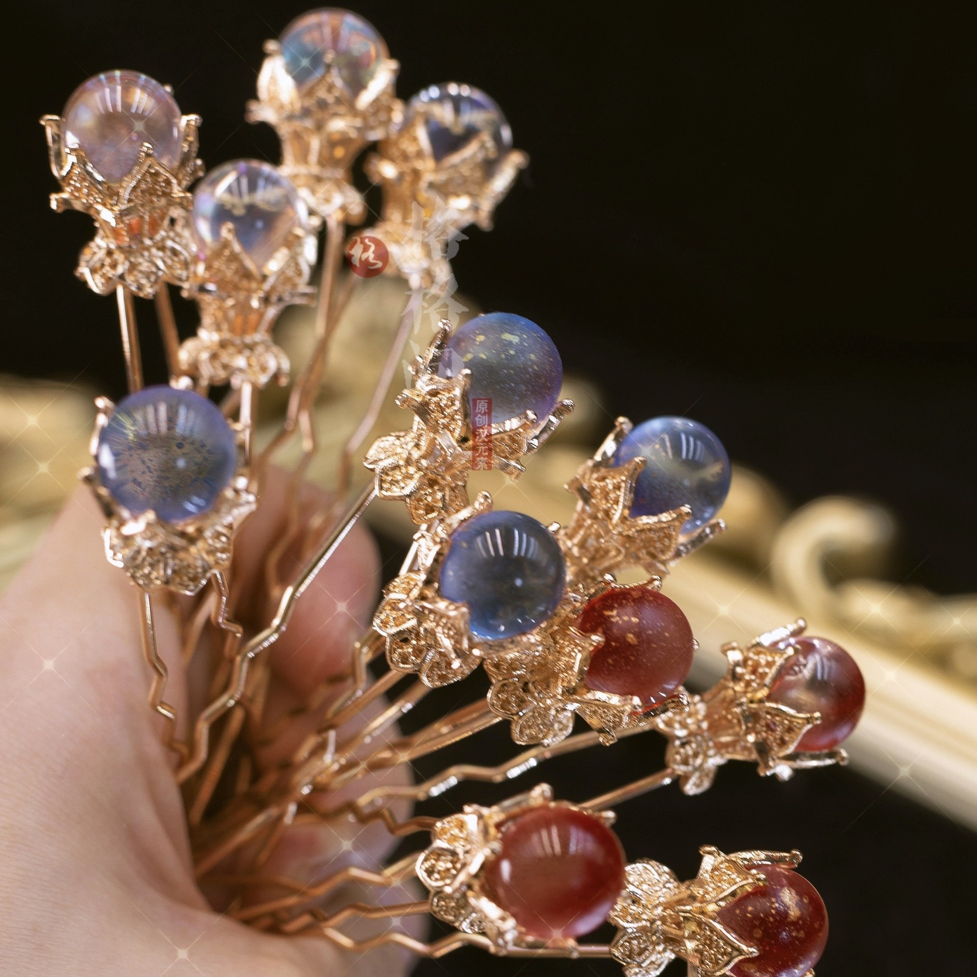 格格间原创【糖果儿】多色洒金琉璃发簪子点缀神棍发钗汉服包邮