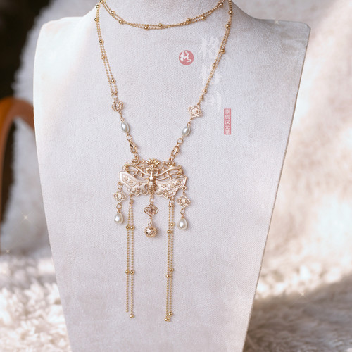格格间原创【金锁】晚明风平安锁旗袍古风项链女珍珠软璎珞多层