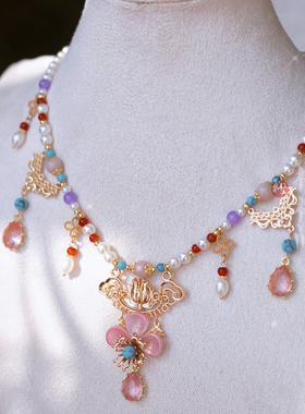 格格间【粉花】项链珍珠花朵软璎珞春天新中式百搭唐风汉服配饰