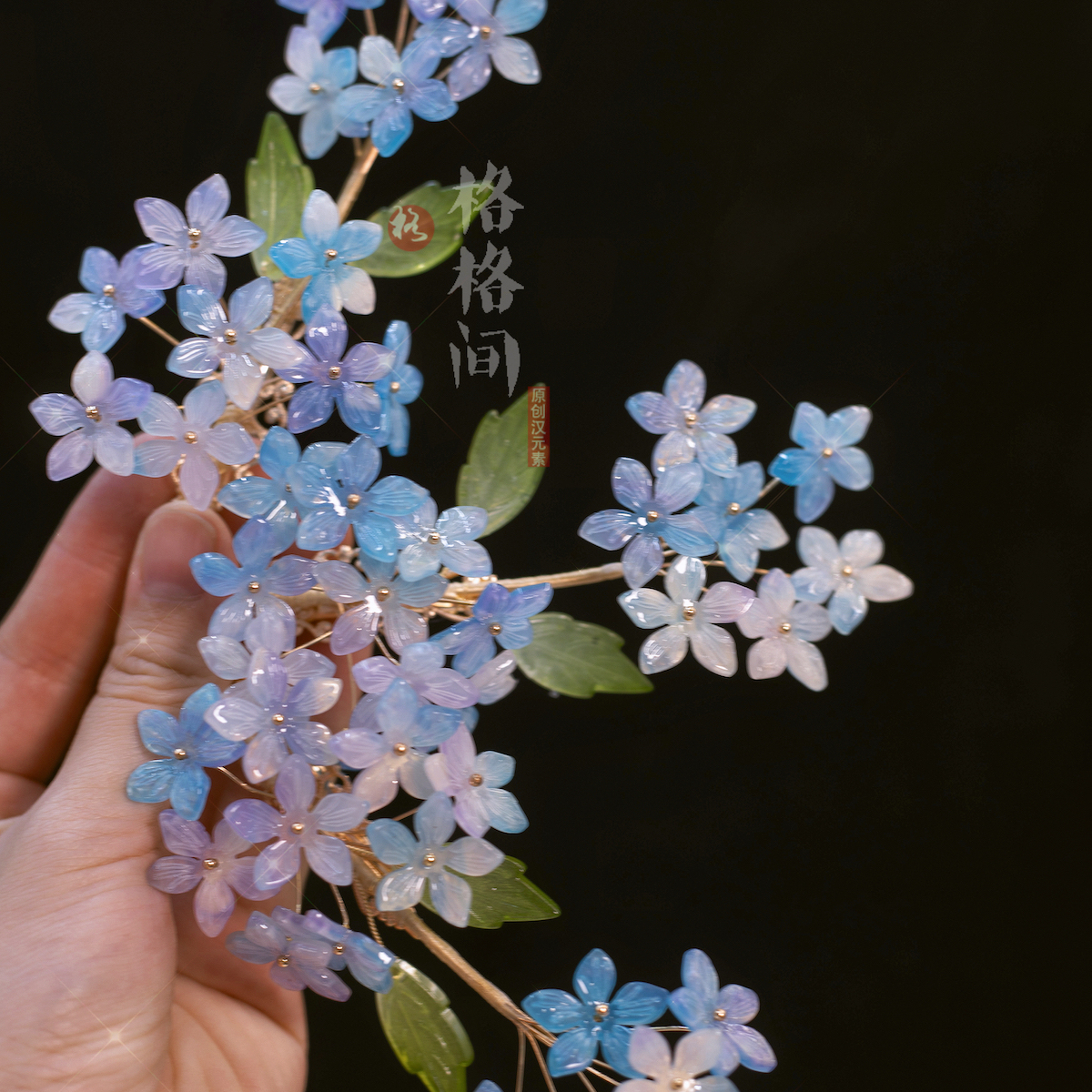 蓝色绣球发夹花朵新中式发簪子