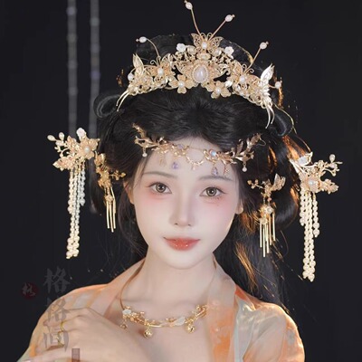 格格间原创【蝶间贝】蝶贝壳华丽凤冠霞帔古风汉服配饰发冠套装