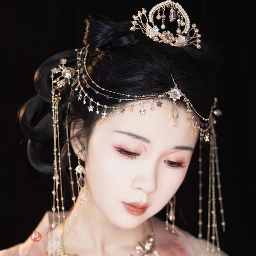 格格间原创设计【紫凤仙】流苏宝石发冠异域西域公主额冠额链配饰