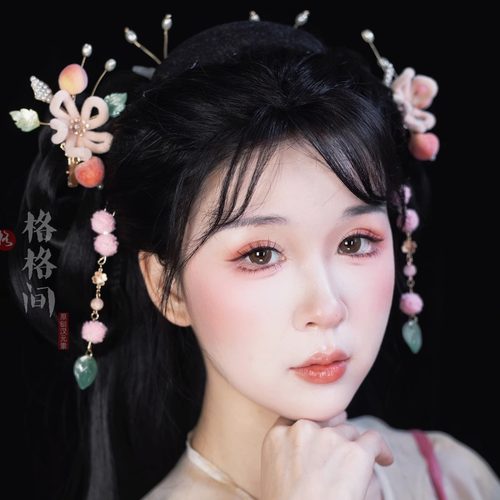 格格间原创【桃乐多】粉色凌妙妙衍生款桃子仿绒花发夹汉服头饰