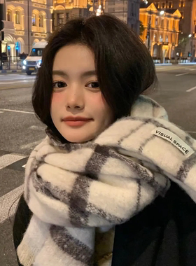 69CC X NOMT 联名款灰白拼接保暖格纹披肩围巾  男女同款