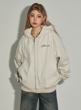 EGDG X NOMT 联名款潮牌刺绣印花简约宽松连帽加绒拉链棉服外套冬