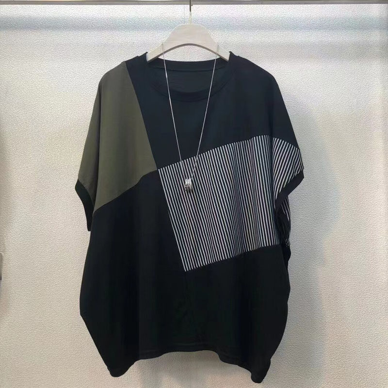 夏季新款宽松短袖t恤女韩版慵懒风条纹不规则大码女装显瘦上衣潮