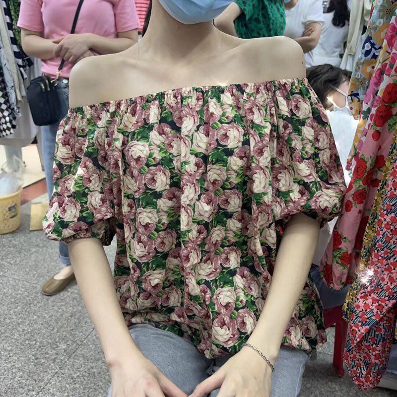 韩版一字肩小碎花娃娃衫