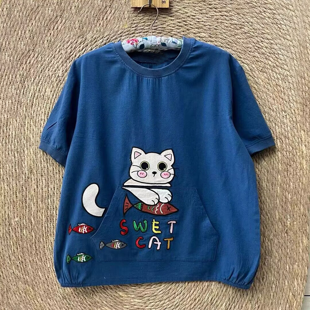 夏季大码女装t恤日韩卡通猫咪刺绣字母Tt恤宽松休闲显瘦胖mm上衣