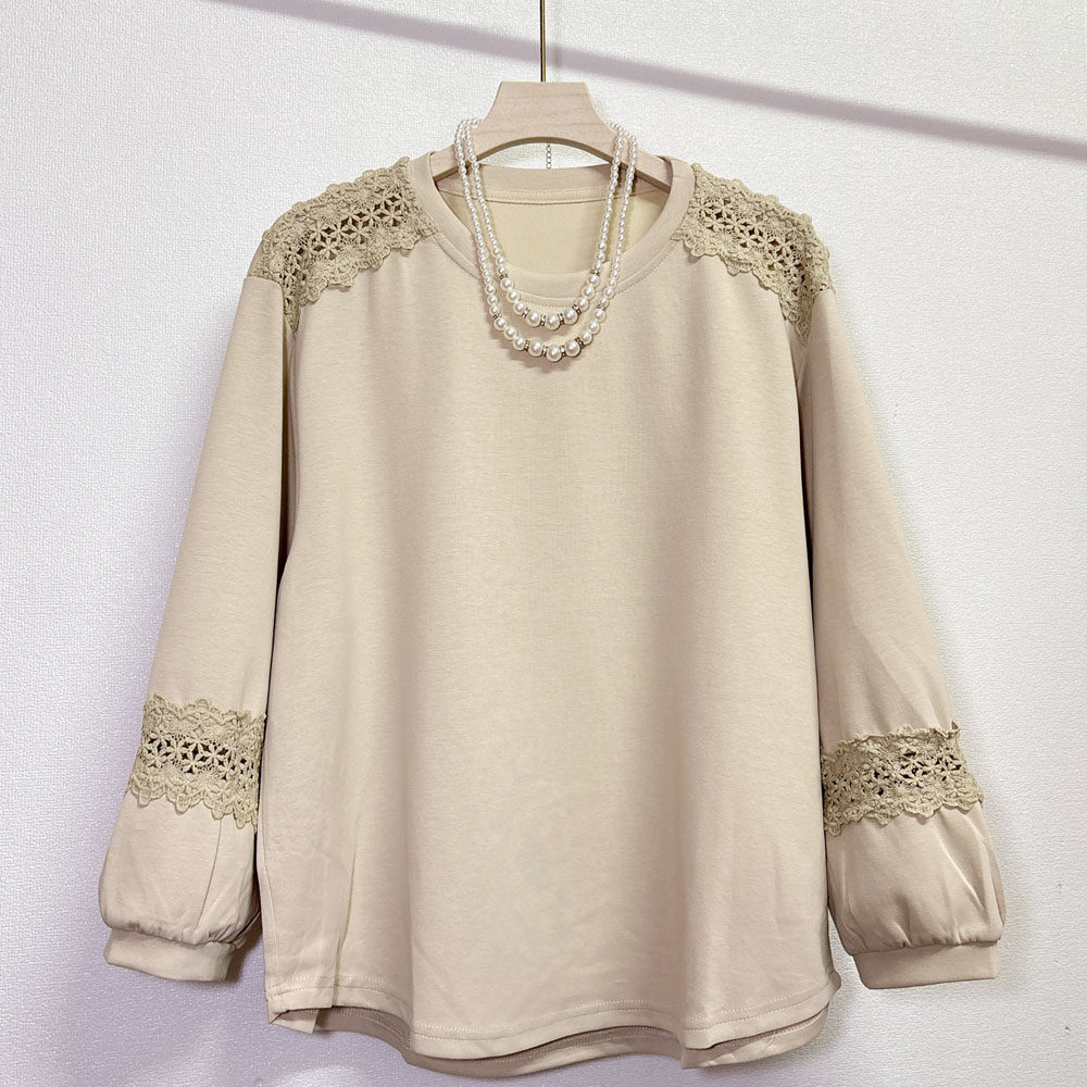 秋季新款肩膀钩花镂空蕾丝泡泡袖宽松休闲套头卫衣长袖tT恤女上衣
