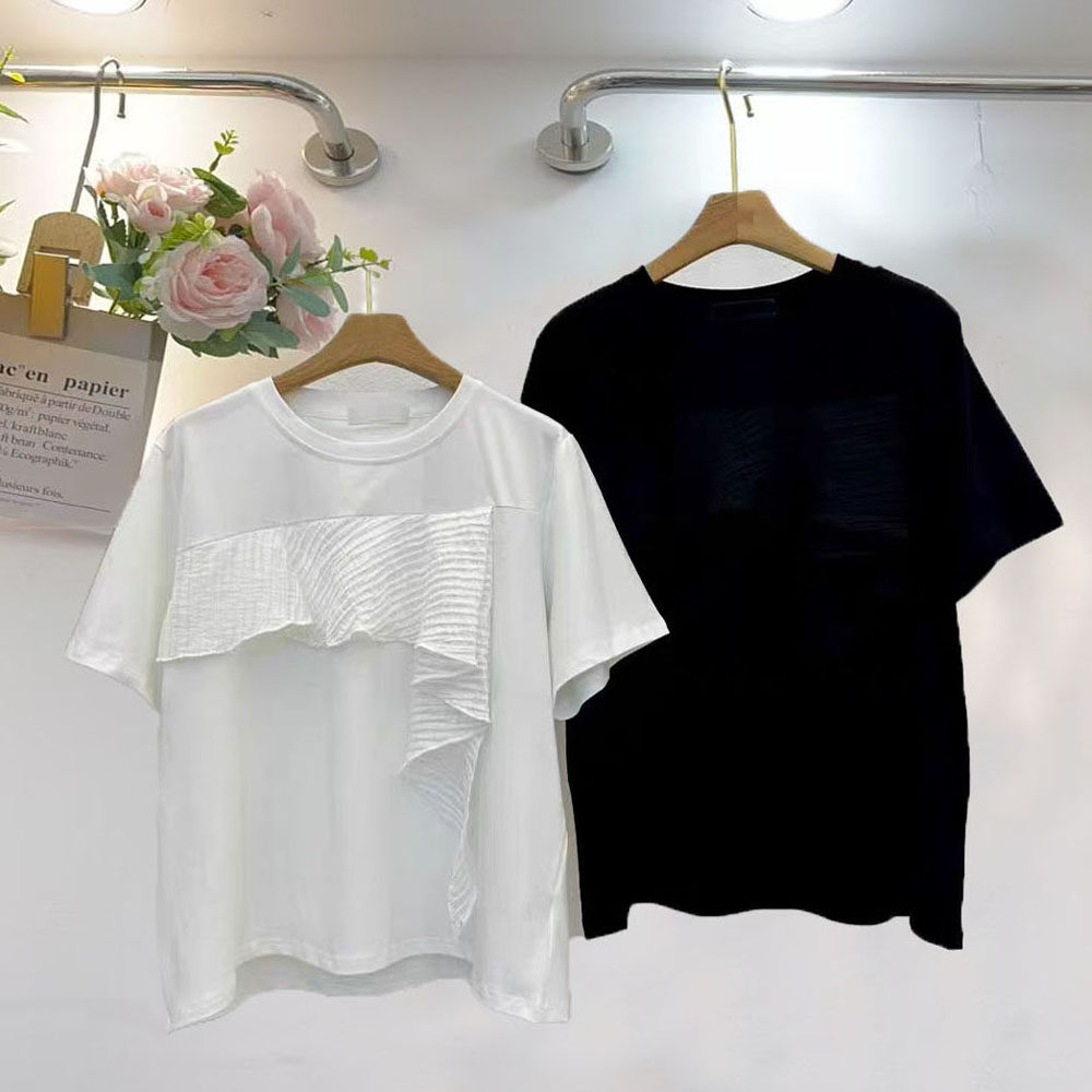 夏装新款女装圆领净版小清新拼接荷叶边短袖T恤港风不规则上衣棉