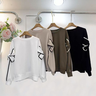 2025秋装 女装 圆领甜美两侧撞色拼接蝴蝶结长袖 套头卫衣短外套 新款