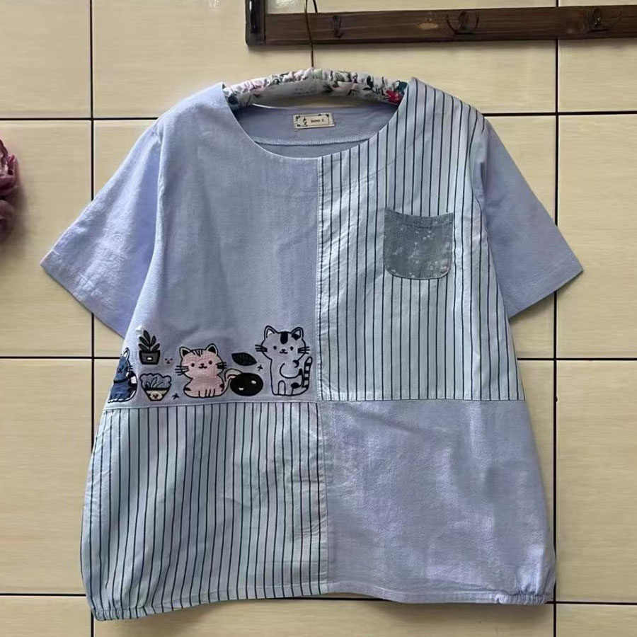 夏装新款不规则格子衫女体恤