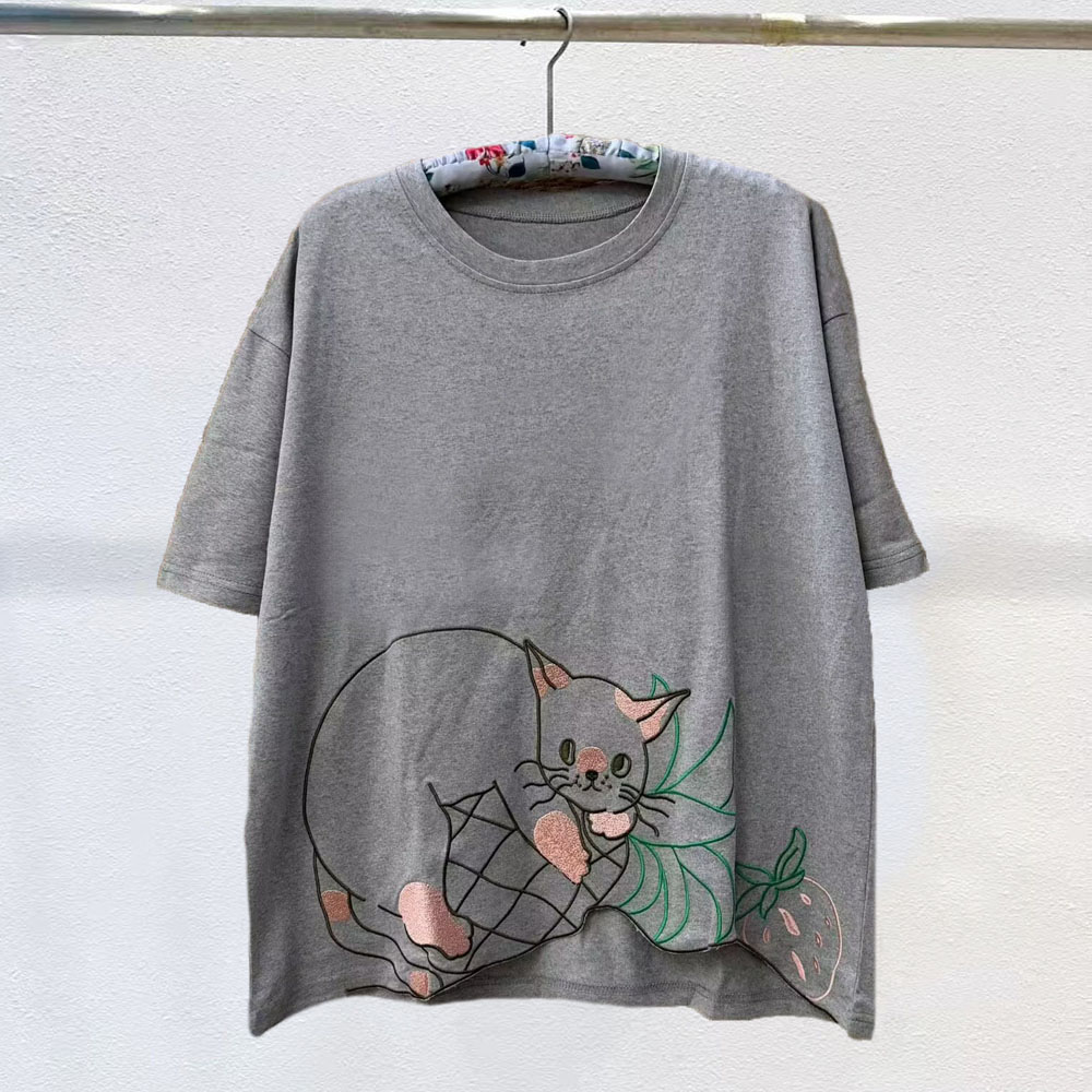 日系卡通刺绣猫咪图案短袖T恤女灰色宽松减龄显瘦上衣棉