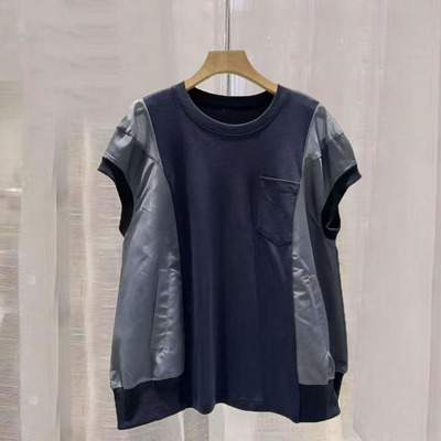 日系设计感拼接撞色T恤女上衣