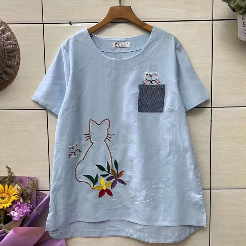 2025夏季新款不规则前短后长绣花卡通上衣女装衬衫宽松短袖T恤
