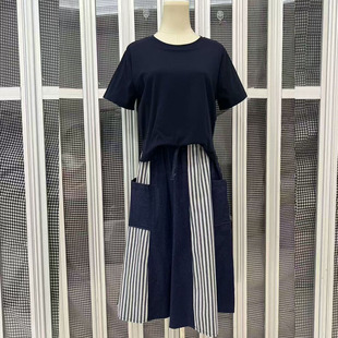 时尚韩版条纹假两件短袖T恤裙宽松休闲荷叶边港风中长款连衣裙子